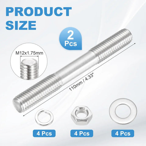 Beefy Double Ended Stud Screws M12x110mm With Nuts And Washers, 304 Stainless Steel Dual Threaded Rods For Home Improvement, Structural Anchoring And Fastening, 2 Pack; M12x1.75