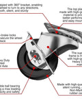 Illustration of 12 Pack 2-Inch Swivel Casters With Brakes For Cart Or Equipment, Hard Rubber Wheels, showing braking mechanism and double ball bearings.