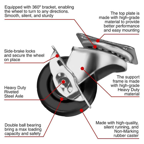 Illustration of 12 Pack 2-Inch Swivel Casters With Brakes For Cart Or Equipment, Hard Rubber Wheels, showing braking mechanism and double ball bearings.