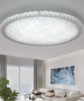 Crystal Round LED Flush Mount Ceiling Light White 16 Inch Modern Close to Ceiling Chandelier in a living room setting.