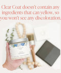 Eco Friendly Clear Satin Top Coat For Chalk Style Wood Furniture, 16oz Pint, jar in hand near paintbrush and beads