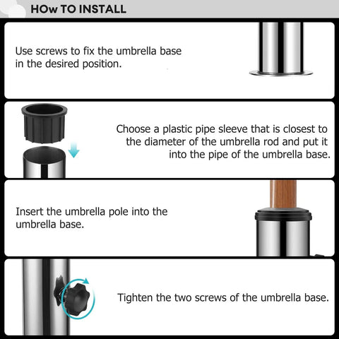 Installation guide for sturdy granite umbrella stand tube for outdoor use, stainless steel base, heavy duty table umbrella bracket.