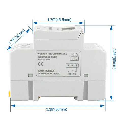12V Digital Programmable Timer Switch With 16A SPDT Relay For Home Auto And Light Industrial Setups Weekly Scheduling AC DC Input Reliable Power Timer, front view with dimensions