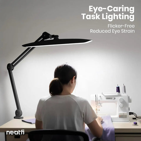 Mega Bright 2200 Lumens LED Desk Lamp with 24W shadow-free light over sewing machine in use, black finish