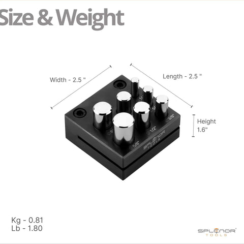 Pro Grade 7 Round Punch Disc Cutter size and weight dimensions displayed in black steel with seven die sizes for jewelry making