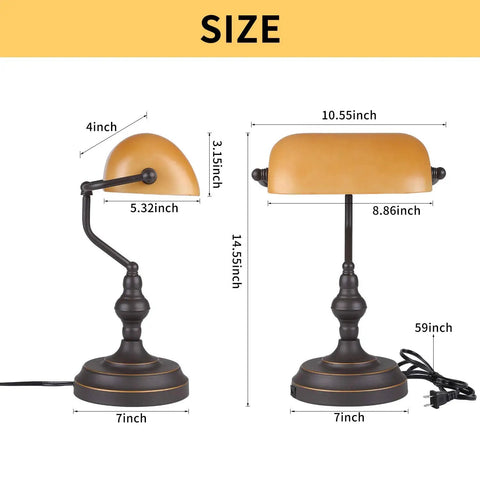 Antique Timeless Bankers Desk Lamp With All Metal Construction In Oil Rubbed Bronze And Amber Glass Shade USB A Port 3 Way Dimmable Touch Control Desk Light size details