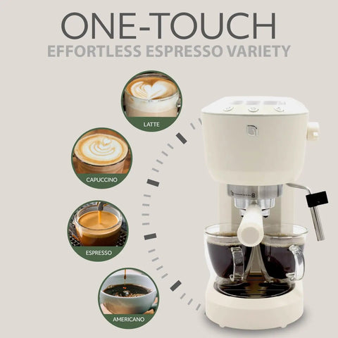 Next Level Eco Series Espresso Machine With Built In Tamper And Silky Milk Frother 15 Bar Coffee Maker With Hot Water Dispenser 40 Oz Tank in cream white.