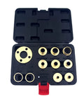Heavy Duty Metric Router Guide Bushing Set With Killer Brass Template Guides And Precision Lock Nuts Adapter For Smoother Woodworking Cutouts in storage case.