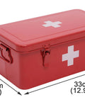 Red metal first aid box with white cross; lockable home emergency kit tin with handles, 33×18×13 cm