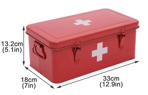 Red metal first aid box with white cross; lockable home emergency kit tin with handles, 33×18×13 cm