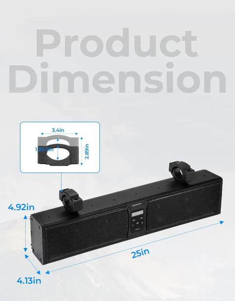 Product dimensions of Six Speaker Metal UTV Sound Bar, 25 Inch IP65 Waterproof ATV and Golf Cart Speaker With RGB Lights