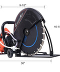 Builder Grade Kickass Concrete Cut Off Saw With 14 Inch Diamond Blade And Raging 15 Amp Motor For Knockout Wet Or Dry Masonry Projects Featuring Smooth Slicing Ability On Brick Stone side profile showing dimensions.