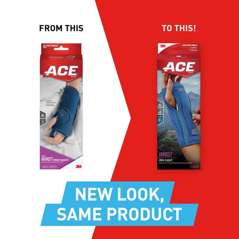 Old and new packaging of Night Wrist Sleep Support With Adjustable Fit For All Night Comfy, Eases Carpal Tunnel Symptoms.