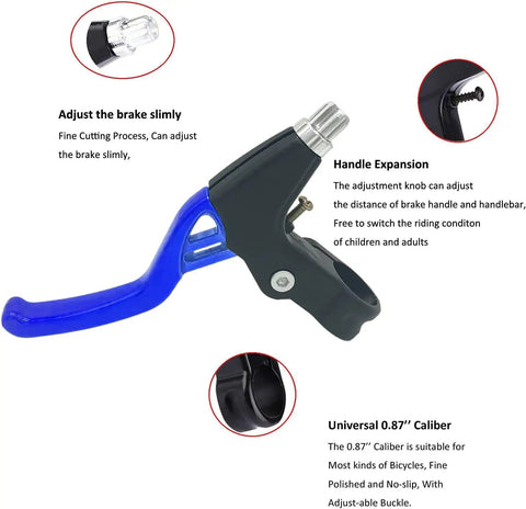 Heavy-Duty 4-Finger Aluminum Bike Brake Levers Set Universal 22mm Handlebar Fit For MTB BMX And Road Bikes Lightweight Durable Upgrade In Slick Blue Ergonomic Design For Easy Pull And Smooth Modulation with adjustment features and ergonomic grip close-up.