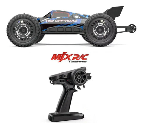 MJX Hyper GO 16207 1 By 16 Scale Brushless RC Buggy with 3S Battery, 4WD All Terrain Off Road Truck side view and remote control
