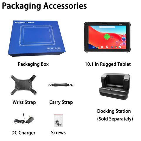 Tough As Nails Rugged Tablet With Integrated Barcode Scanner 10 Inch Android 15 includes packaging box and accessories.