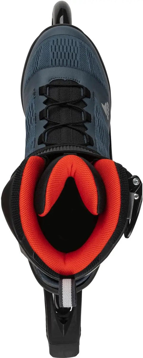Top view of Macroblade 90 Fitness Inline Skates For Men With High Cuff Lateral Support in Orion Blue Spicy Orange color.
