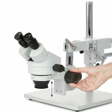 Industrial Stereo Boom Microscope With Fluorescent Ring Light And Beefy Working Distance, binocular 10x eyepieces on boom stand with focus knob