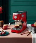 Red espresso machine with milk frother for lattes, cappuccinos, home office coffee maker with 1.7 liter water tank, glass carafe.