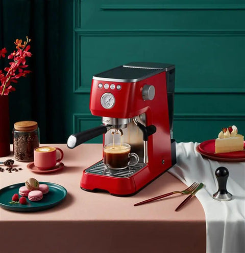 Red espresso machine with milk frother for lattes, cappuccinos, home office coffee maker with 1.7 liter water tank, glass carafe.