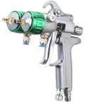 Plug And Play Dual Nozzle Pneumatic Paint Sprayer Featuring 1.3mm Stainless Steel Tip And 1000ml Cup, detailed side view with dual nozzles.