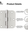 Brushed Nickel Door Hinges 3-Pack 3.5 Inch Interior Hinges 5/8" Radius Rounded Corners with Screws product details