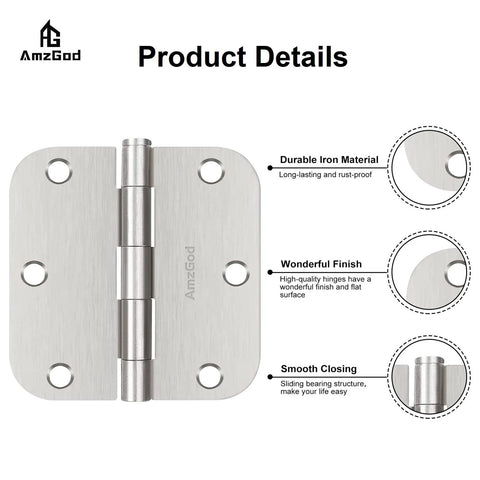 Brushed Nickel Door Hinges 3-Pack 3.5 Inch Interior Hinges 5/8" Radius Rounded Corners with Screws product details