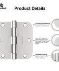 Brushed Nickel Door Hinges 30 Pack For Interior Doors, Three And A Half Inch Hinges With Five Eighth Inch Radius, Six Holes, Includes Two Hundred Ten Screws