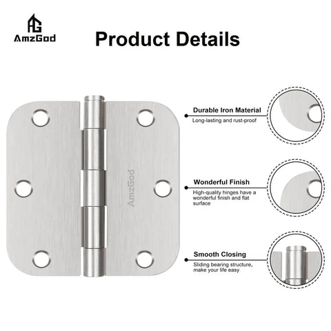 Brushed Nickel Door Hinges 30 Pack For Interior Doors, Three And A Half Inch Hinges With Five Eighth Inch Radius, Six Holes, Includes Two Hundred Ten Screws