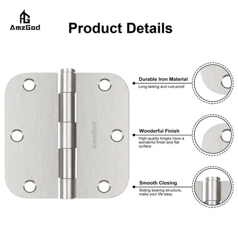Rock Solid Three Point Five Inch Brushed Nickel Door Hinges Heavy Duty Interior Residential Pack featuring detailed close-up of hinge design and finish.