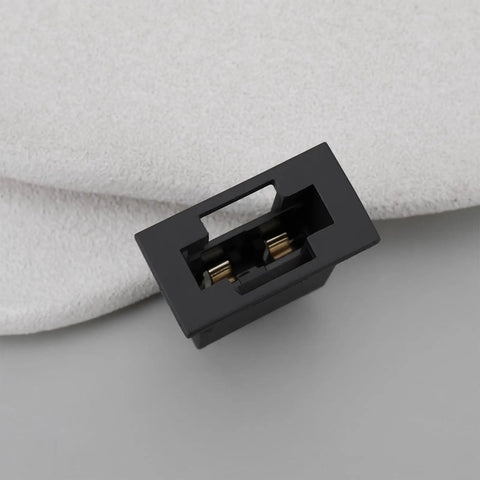 Pair Of Rock Solid Automotive Blade Fuse Holders For Surface Mount PCB And Flush Panel Install showcases a black fuse holder close-up.