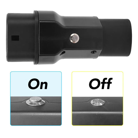 Heavy Duty EV Charging Adapter For Type 2 Connectors showing On/Off feature, durable material and compact design.