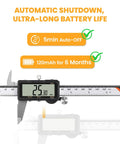 Rechargeable Digital Caliper With Auto Off, One Key Reset, And mm In F Conversion, 6 Inch Measuring Tool display with battery info