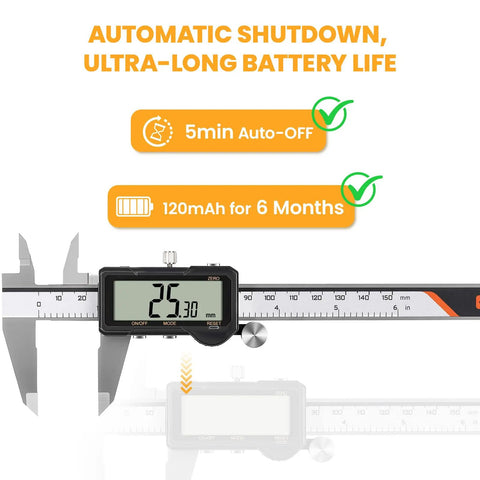 Rechargeable Digital Caliper With Auto Off, One Key Reset, And mm In F Conversion, 6 Inch Measuring Tool display with battery info