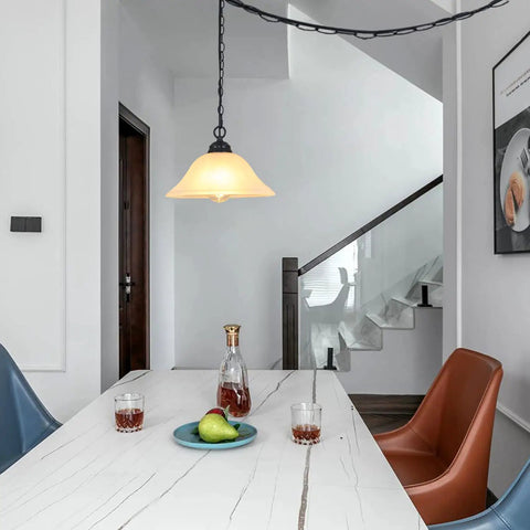 Plug In Pendant Light With Alabaster Glass Shade In Black Dimmable Swag Lamp With Long 16.4 Ft Cord And 14.7 Ft Chain over dining table