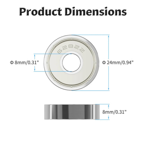 628ZZ Shielded Ball Bearings 8x24x8mm Product Dimensions, 0.31" ID, 0.94" OD, Side and Front View, Pack of 10 for Micro Motors