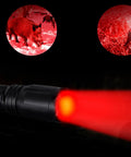 Upgraded Zoomable RGBW Flashlight With Four Color Modes Green Red Blue White Memory For Night Vision Pro Grade For Fishing Hiking Camping Astronomy Batteries Not Included emitting red light for night vision.