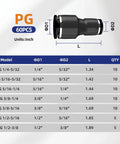Size chart of Dope Pneumatic Quick Connect Fittings Kit For Air Lines With 60-Piece Set showing dimensions and quantities.