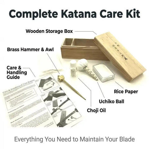 All In One Blade Cleaning And Maintenance Kit For Japanese Sword Care items including choji oil, uchiko ball, rice paper, brass hammer.