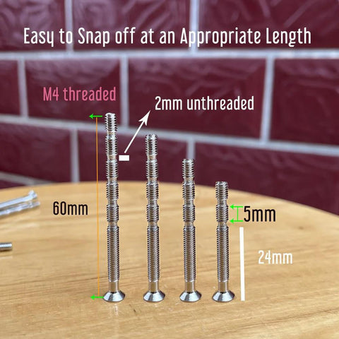 8 Set M4 X 60mm Breakaway Phillips Flat Countersunk Screws With Posts for Cabinets, image showing breakaway length