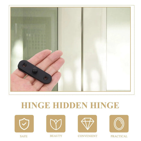 Hidden Door Hinges Set Four Piece Stainless Steel Concealed Hinges With Sleek Black Finish held in hand
