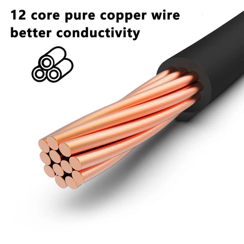 Close-up of 12-core pure copper wire with black insulation showing better conductivity text on top left.