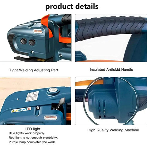 Solid Automatic Strapping Tool Built For One Half To Five Inches Wide Pp Pet Tape And Rechargeable Cordless Electric Welding Bander tight welding parts and anti-skid handle detail