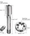 Two Piece Tap And Die Set With 7/8-14 UNF Left Hand Thread DIY Ready Round Die And Square Shank Tap Kit For Nut Bolt And Screw Thread Repair Tapping And Threading Tool For Home Shop, showing a round die and square shank tap with dimensions.