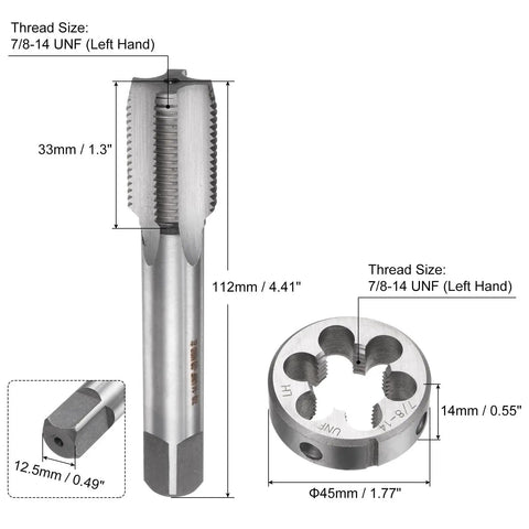 Two Piece Tap And Die Set With 7/8-14 UNF Left Hand Thread DIY Ready Round Die And Square Shank Tap Kit For Nut Bolt And Screw Thread Repair Tapping And Threading Tool For Home Shop, showing a round die and square shank tap with dimensions.