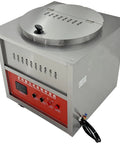 Pro Grade Electric Roaster With Self Turning Cast Iron Drum For Coffee Beans Peanuts Chestnuts And Seeds Auto Heat Control, stainless steel exterior, front controls.