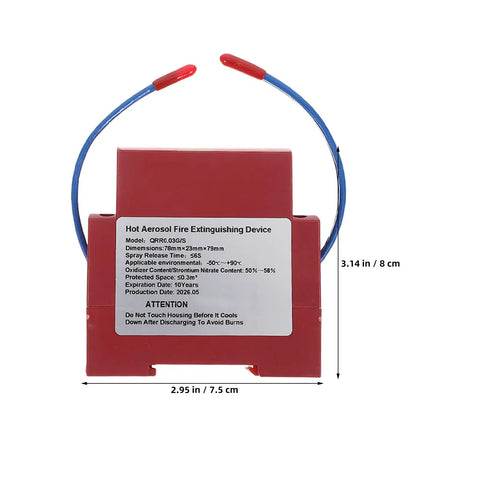 Two Piece Auto Fire Extinguisher Stickers With Heat Sensitive Aerosol Tech That Kick In Under The Hood For Smooth Engine Bay Protection And Reliable Passive Emergency Safety Gear No Power Needed, with red casing and blue wires.