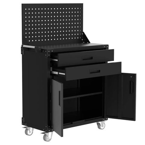 Heavy Duty Rolling Tool Cabinet With Two Drawers, Pegboard And Four Locking Wheels For Garage, Workshop Or Warehouse