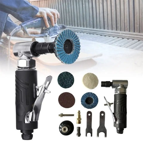 Straight Shot 1/4 Inch Air Angle Die Grinder With 90 Degree Powerhead And Four Collets Compact Pneumatic Grinding Machine For Heavy Shop Tasks with accessories.