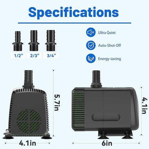 Beefed Up Submersible Pump 880 GPH With Auto Shut Off Ultra Quiet Operation And Ten Foot Lift dimensions and specifications